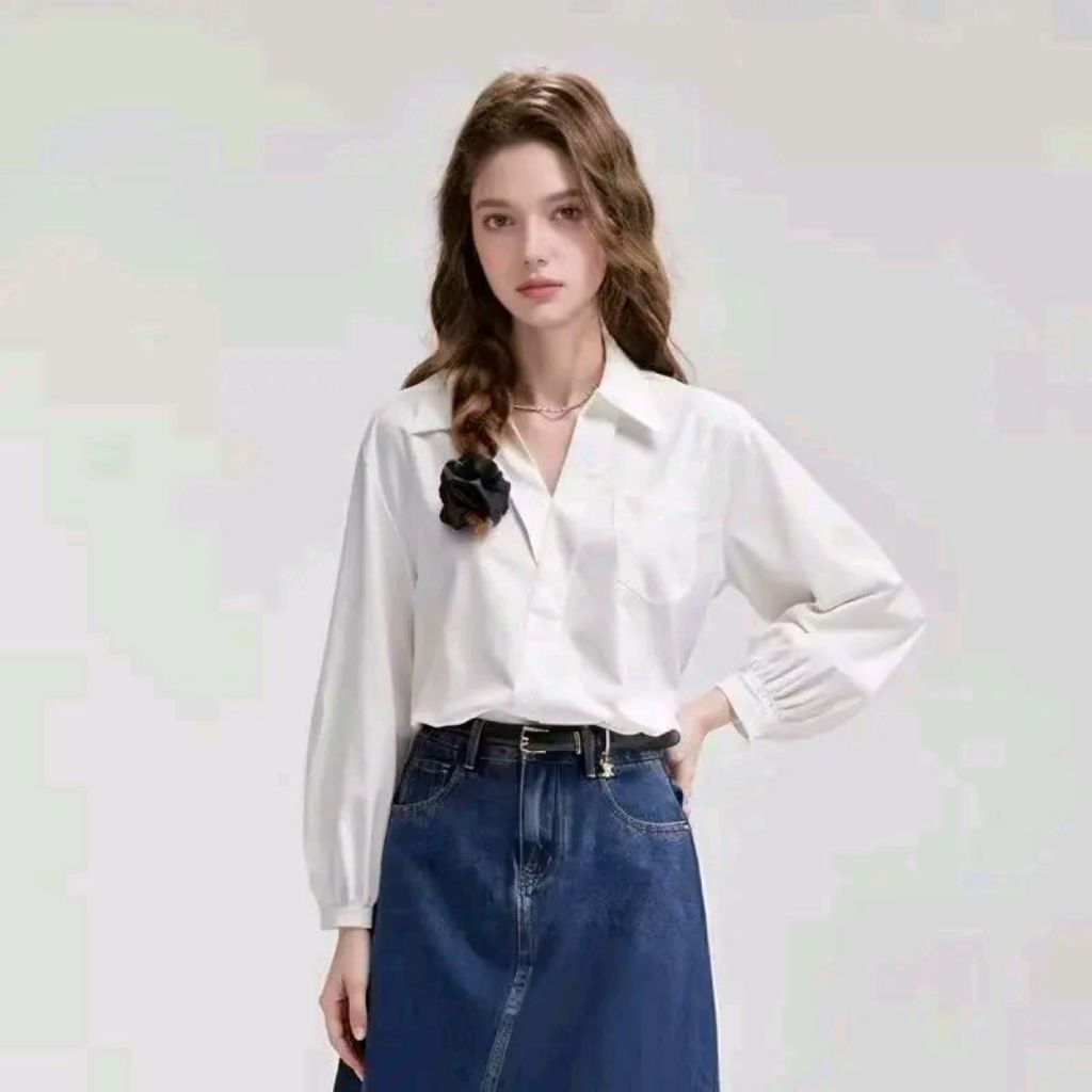 GRECIA TOP BLOUSE || kemeja kerah kimono katun poket depan lucu dan elegan