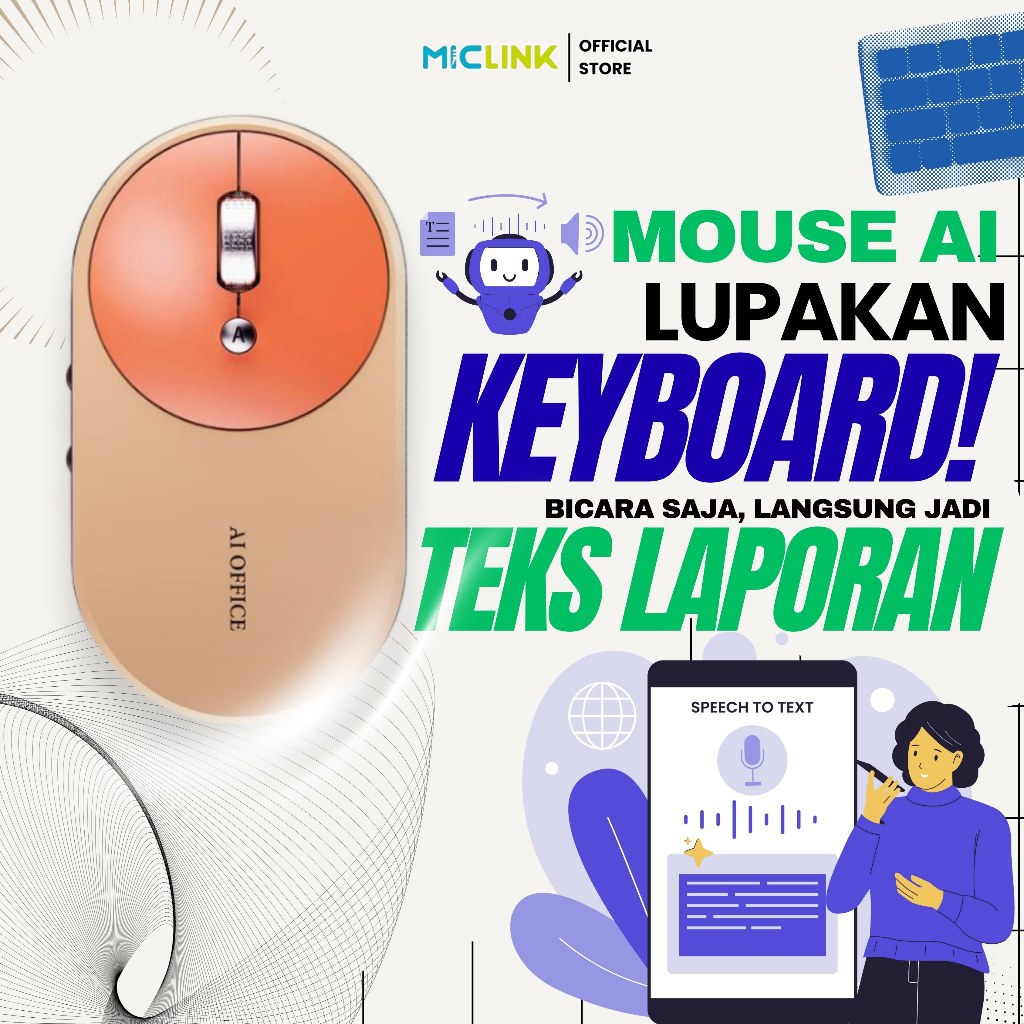 MICLINK RULINK R011 AI Mouse Bluetooth Wireless Ketik Suara dan Translate 120 Bahasa Rechargeable