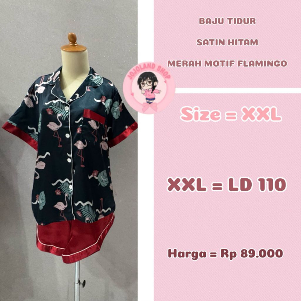Baju tidur satin hitam merah motif flamingo || Kualitas premium
