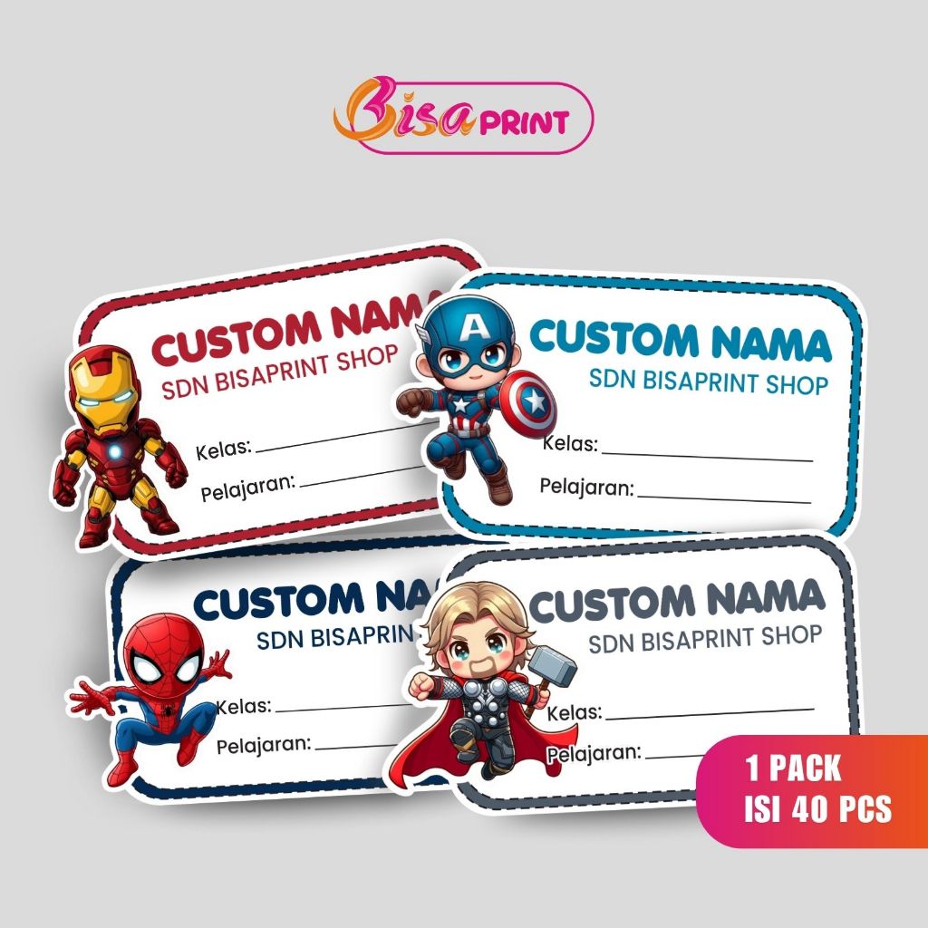 Sticker Label Nama Anak Custom | Stiker Buku Pelajaran Sekolah | Karakter Kartun Lucu Request Nama