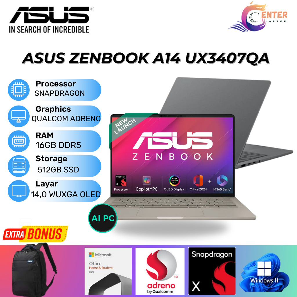 ASUS ZENBOOK A14 SNAPDRAGON X 16GB 512GB W11 + OFFICE ORIGINAL LAPTOP TIPIS RINGAN PREMIUM