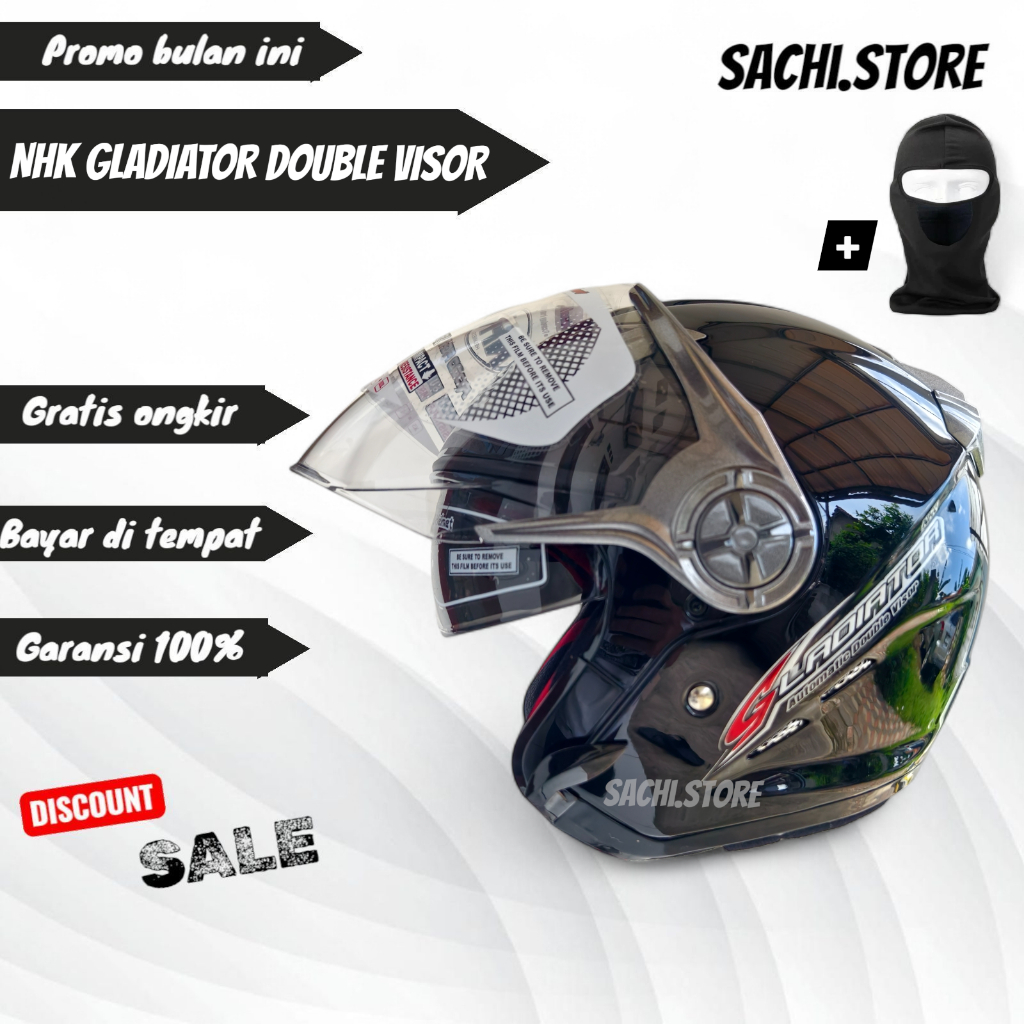 HELM NHK GLADIATOR SOLID BLACK GLOSSY | HALF FACE DOUBLE VISOR