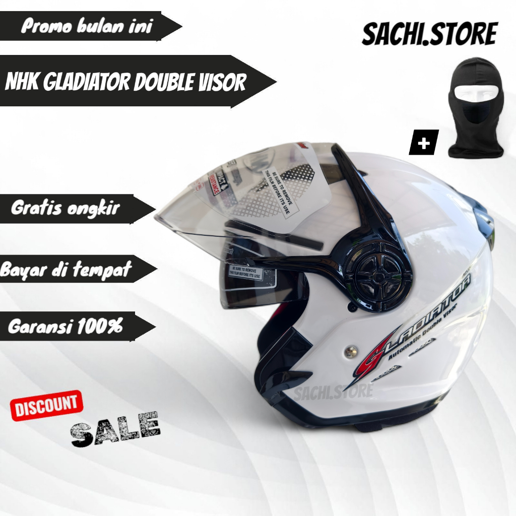 HELM NHK GLADIATOR SOLID WHITE PUTIH | HALF FACE DOUBLE VISOR