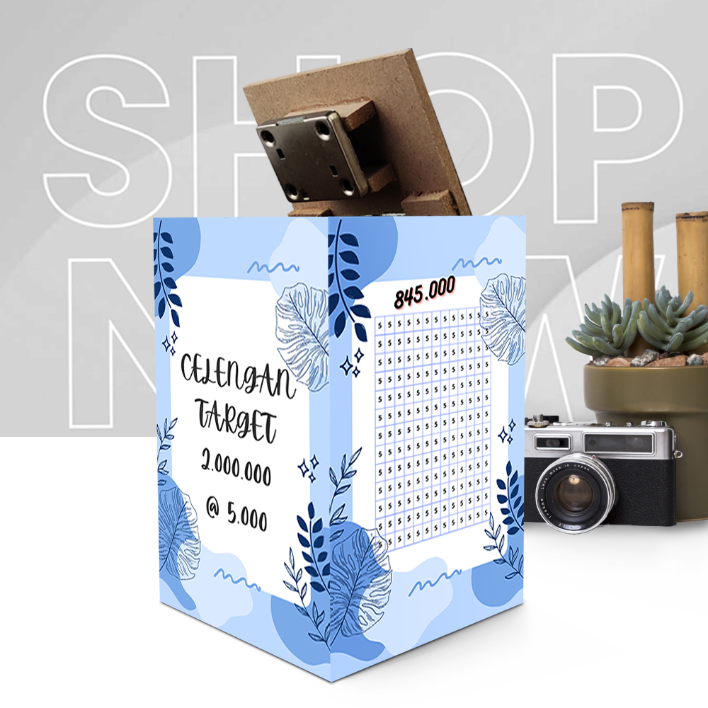 celengan target 2juta pecahan 5k warna biru celengan kayu anti rayap