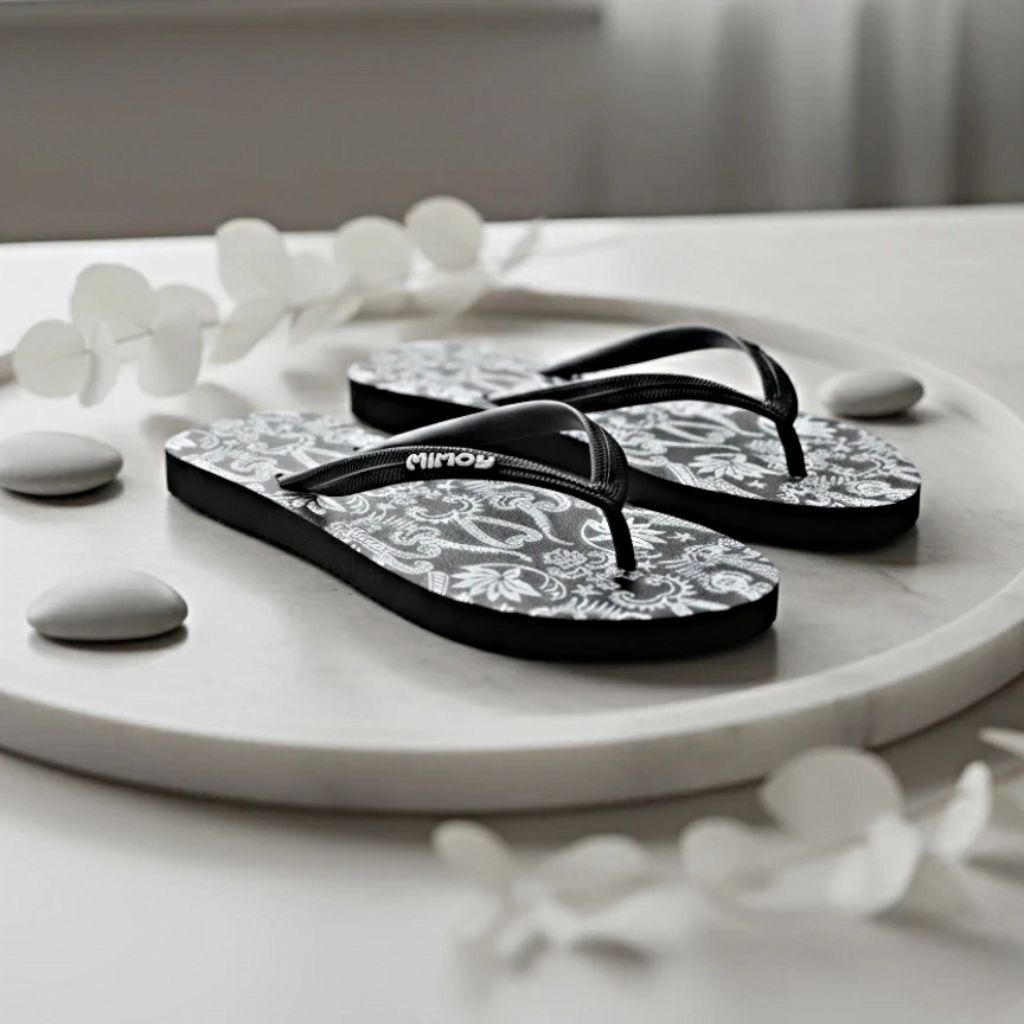 Sandal Jepit Wanita Dewasa motif batik hitam putih antislip sendal casual cewek rubber ekslusif