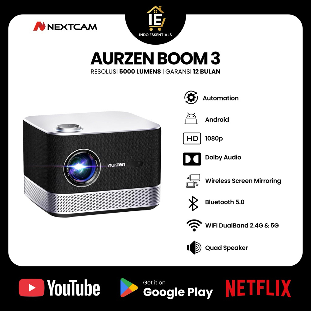 NEXTCAM SMART PROJEKTOR AURZEN BOOM 3 ANDROID 5000 LUMENS WIFI BLUETOOTH 4 BASS CERIFIED DOLBY GARAN