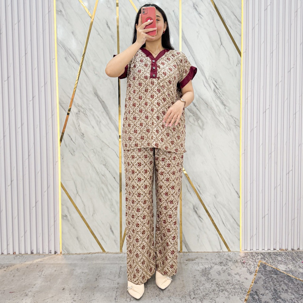 Alizta Setelan Elif Oneset Rayon Kancing Depan Busui Motif Batik Piyama Set Atasan Celana Panjang
