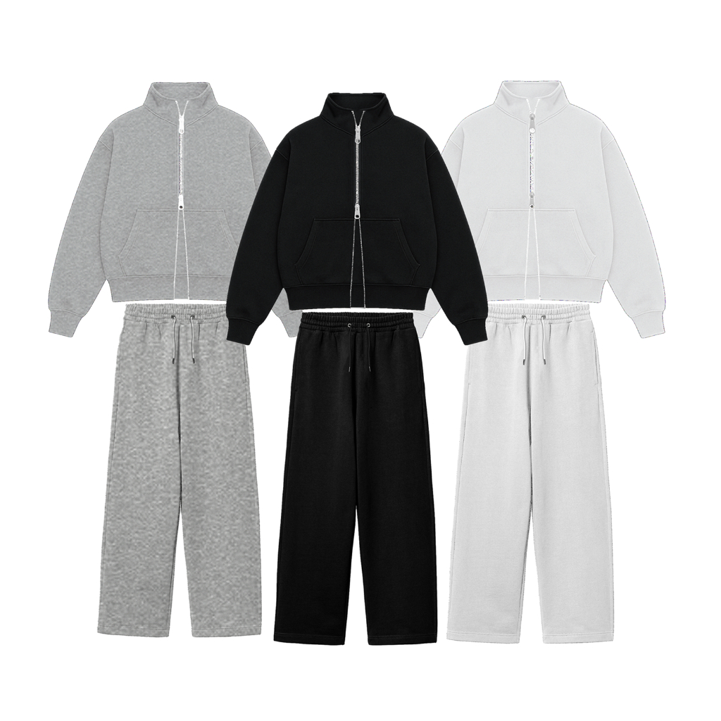 Caelux - One Set Tracktop Boxy Double Zipper + Sweatpants Baggy with Basic Fleece