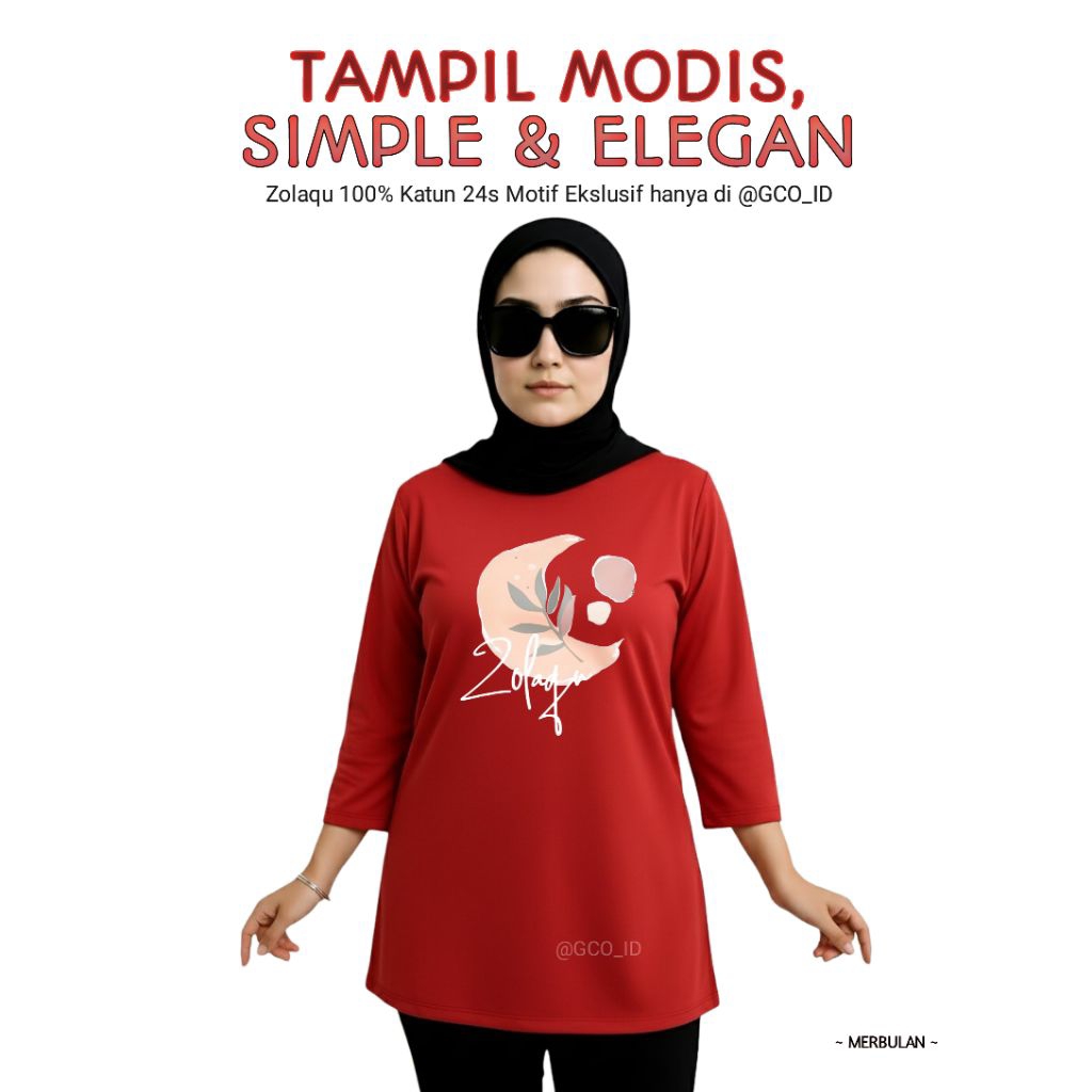 Semi Tunik Original Zolaqu Official Terbaru 2025 | Kaos Wanita ZLQ Merah Motif Bulan Ekslusif Lengka