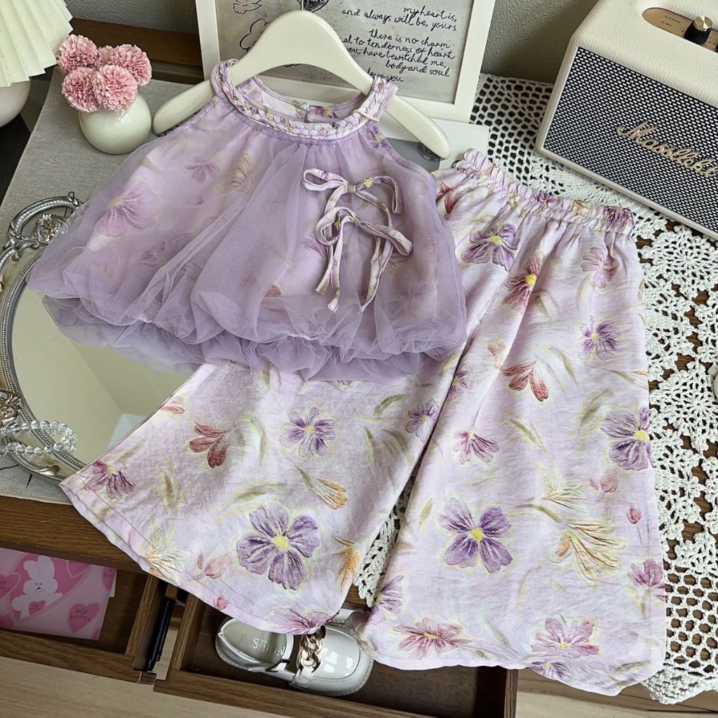 [KIDSFASHIONKOLEKSI] 4031 Setelan Abel Lilac Pita Model Palazzo + Celana Kulot Motif Bunga Aster