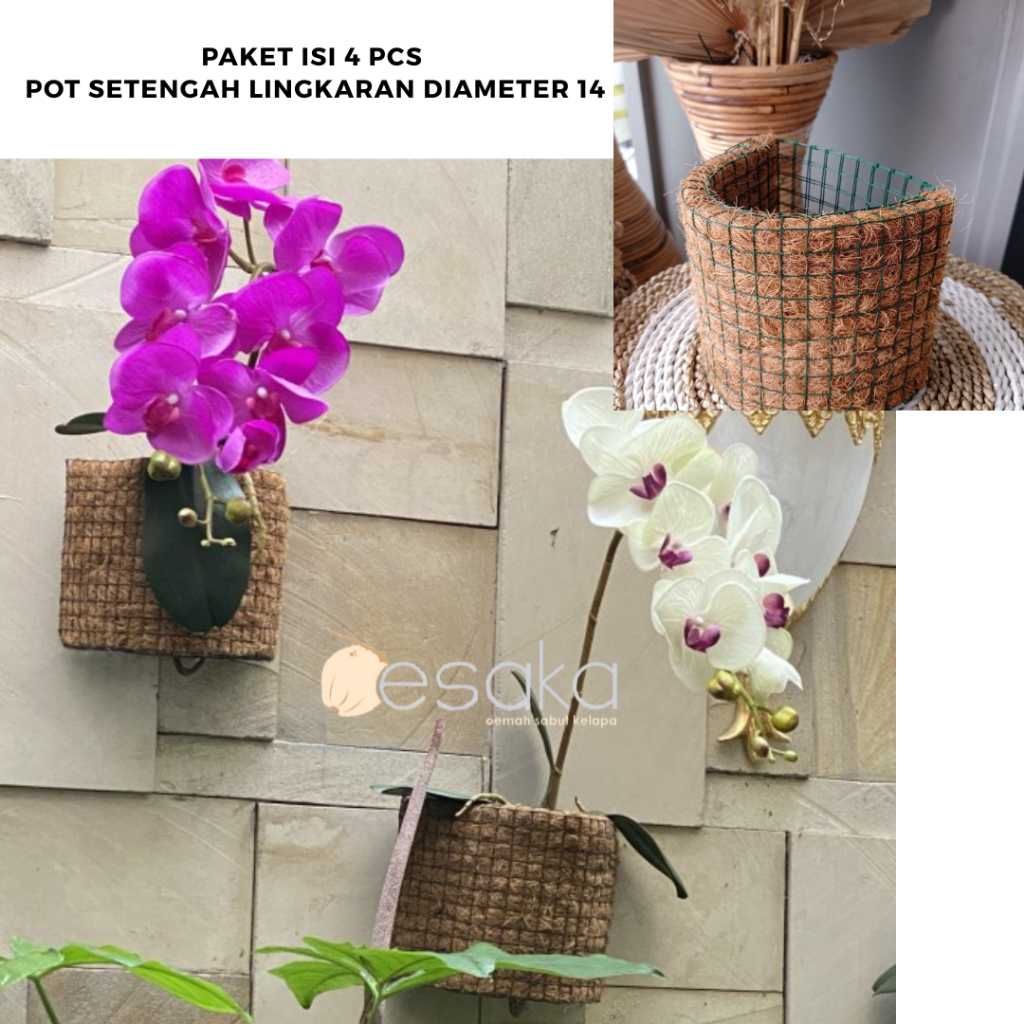 PAKET ISI 4 PCS FREE COCOFIBER - POT SABUT KELAPA TEMPEL DINDING - POT SETENGAH LINGKARAN DIAMETER 1