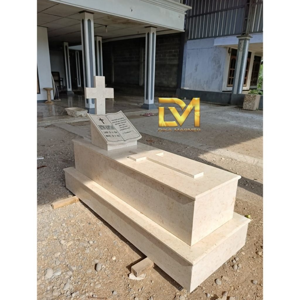 Kijingan Makam Kristen Model Buku & Salib Bahan Batu Marmer Putih Super