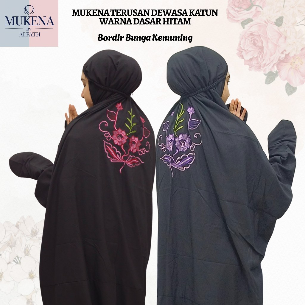 Mukena Dewasa Terusan Katun Mikro Super Soft Warna Dasar Hitam Bordir Punggung Motif Bunga Kemuning