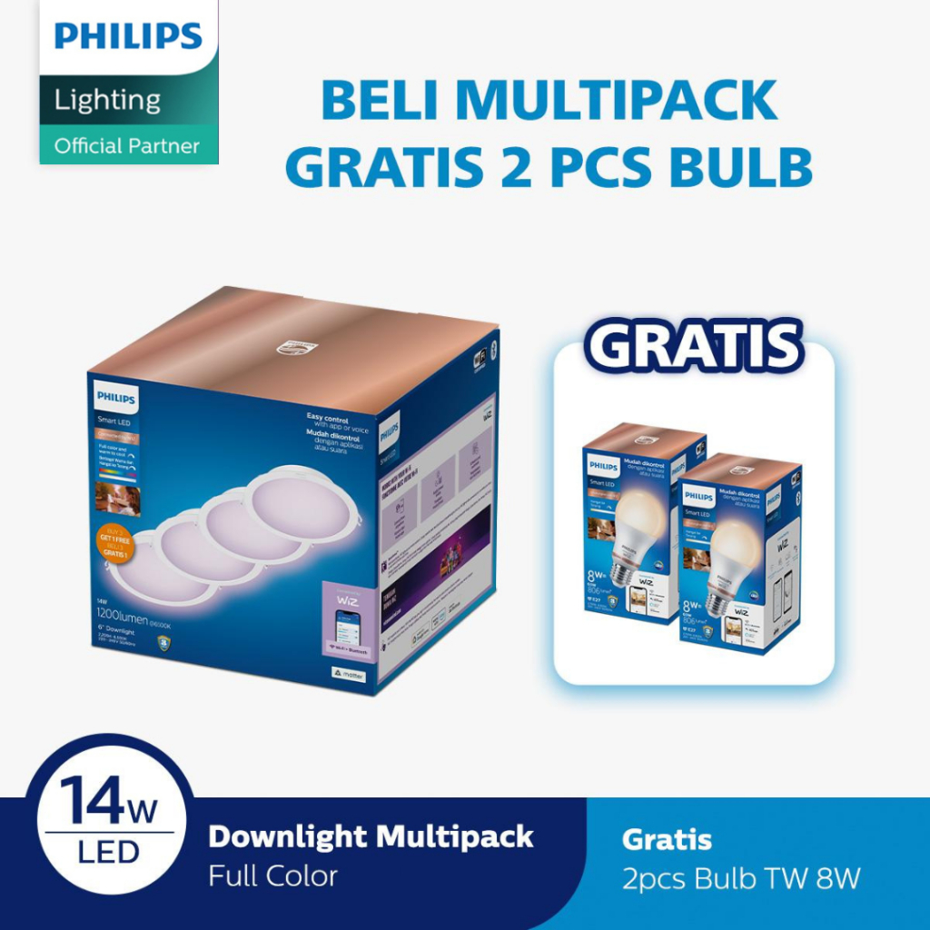 Beli Philips Lampu Smart WiFi LED Downlight Multipack 14W D150 Color RGB Dapat 2 SmartWifi 8W TW LED