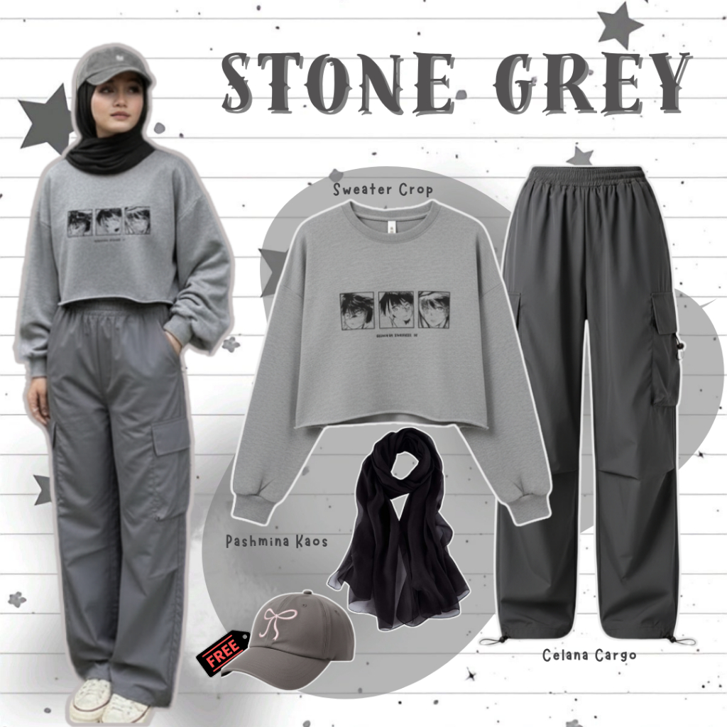 Setelan Wanita Pashmina Kaos + Sweater Crop + Celana Cargo | Streetwear Outfit Hijab Casual Kekinian
