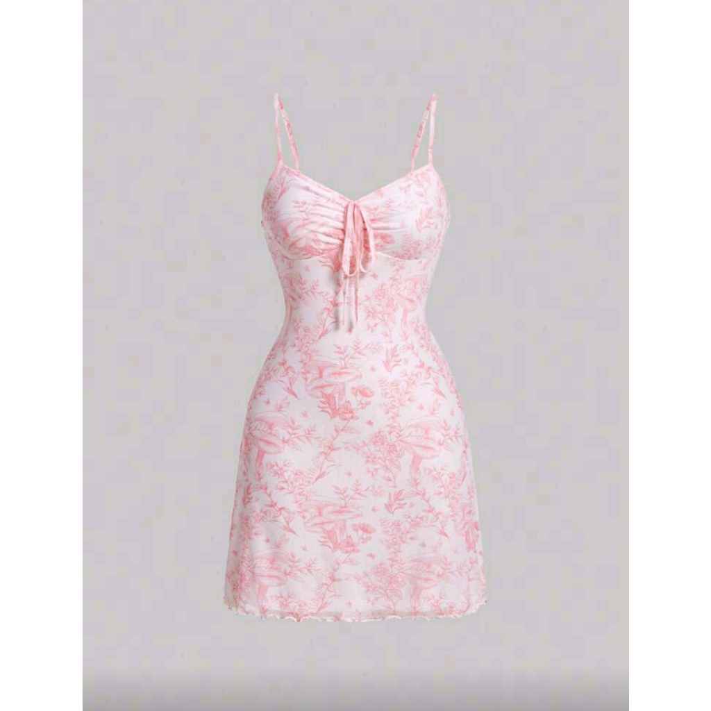 Dress Mod Floral Print Drawstring Front Cami Net Pink Mini Dress