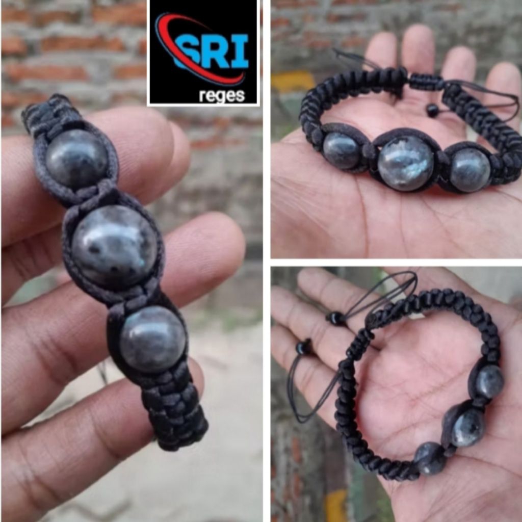 GELANG SATIN 3 MATA BATU LABRADOR ORIGINAL NATURAL ASLI BATU ALAM