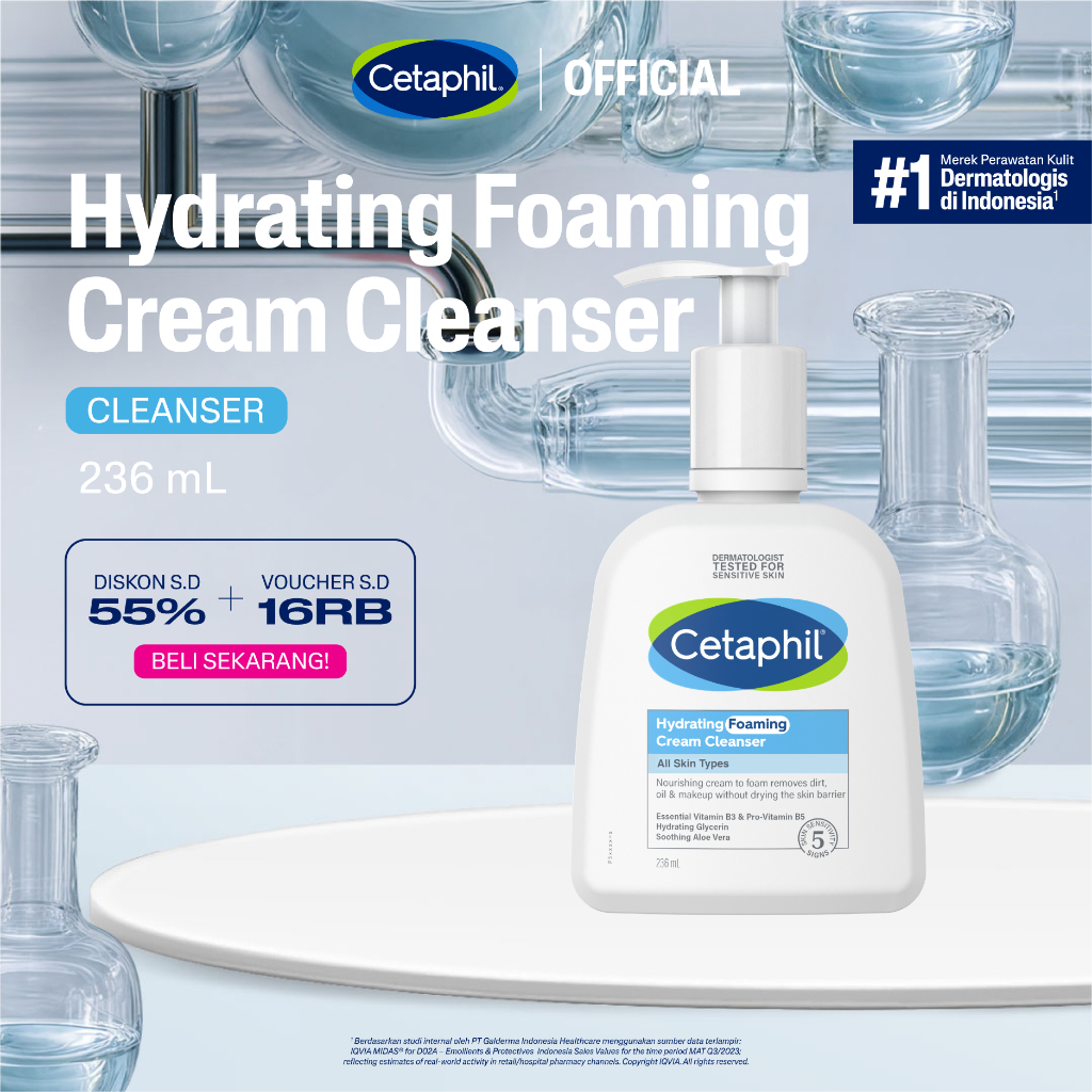 Cetaphil Hydrating Foaming Cream Cleanser 236ml dengan Soothing Aloevera, Vitamin B3 dan Pro Vit B5 