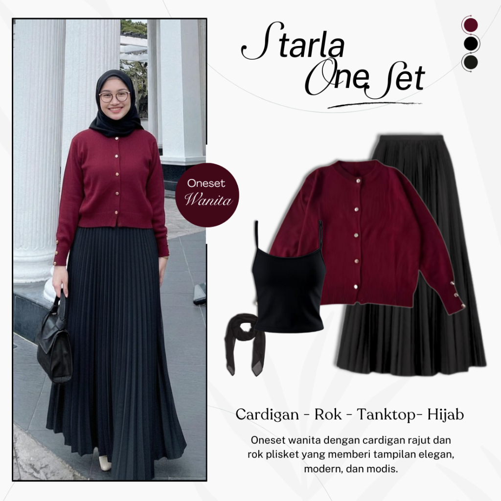 One Set Outfit Kekinian (Cardigan Starla Rajut + Rok Plisket + Hijab + Tanktop) OOTD Hijaber - 17