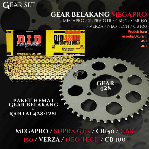 PAKET GEAR BELAKANG + RANTAI DID 428 128L HD CBR 150 KARBU CBR150 CBU CBR 150 K45A K456 MEGAPRO VERZ