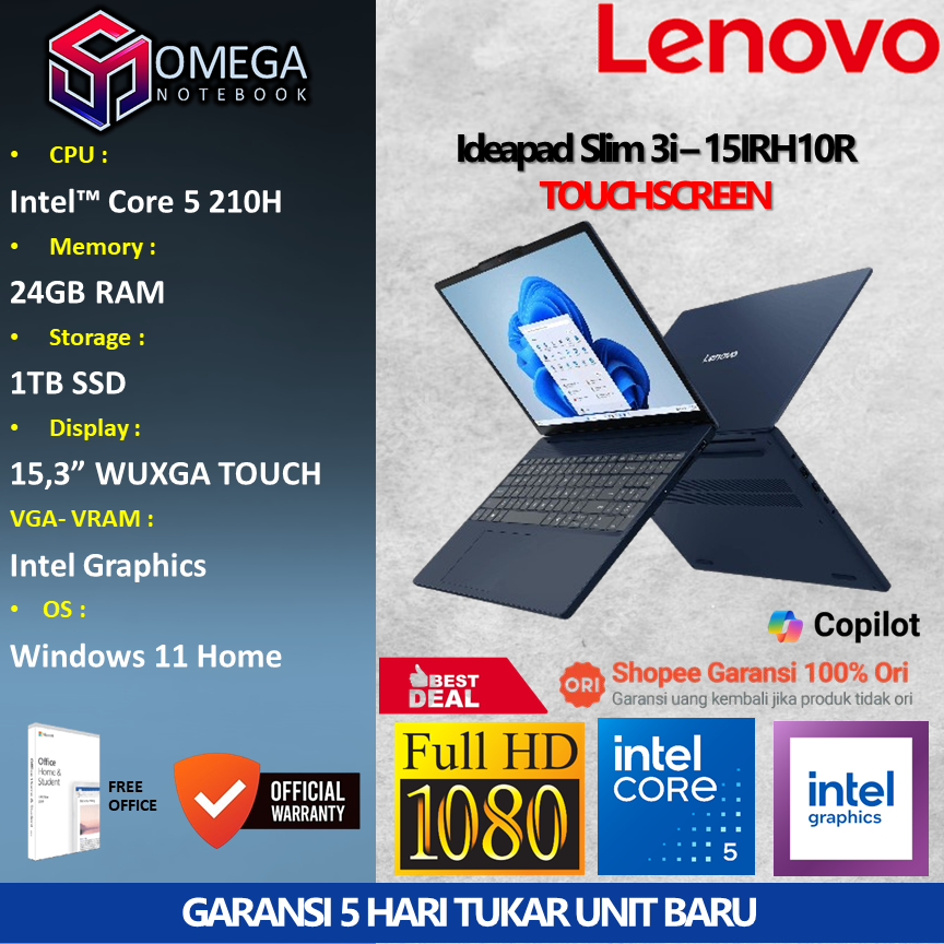 Lenovo Ideapad Slim 3i 15IRH10R Touch Core 5 210H 24GB 1TB 15,3 WUXGA Windows 11