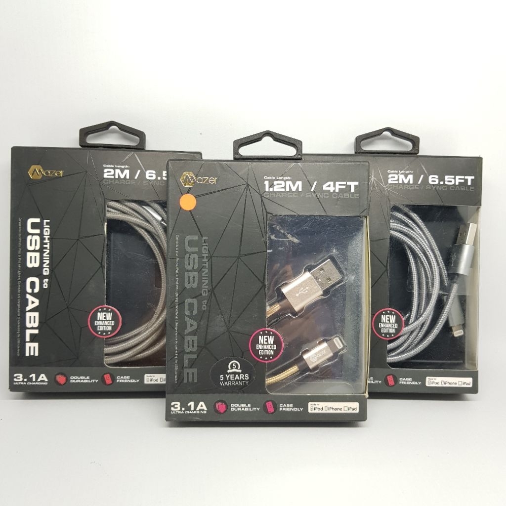 Mazer Lightning to USB Cable 3.1A 1.2Meter dan 2.0 Meter MFI ORIGINAL Resmi