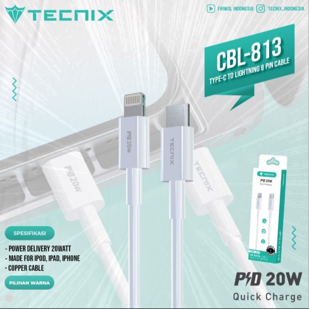 TECNIX CBL-813 Kabel Data Type-C To Lightning Bahan Rubber Panjang 1 Meter Warna Putih