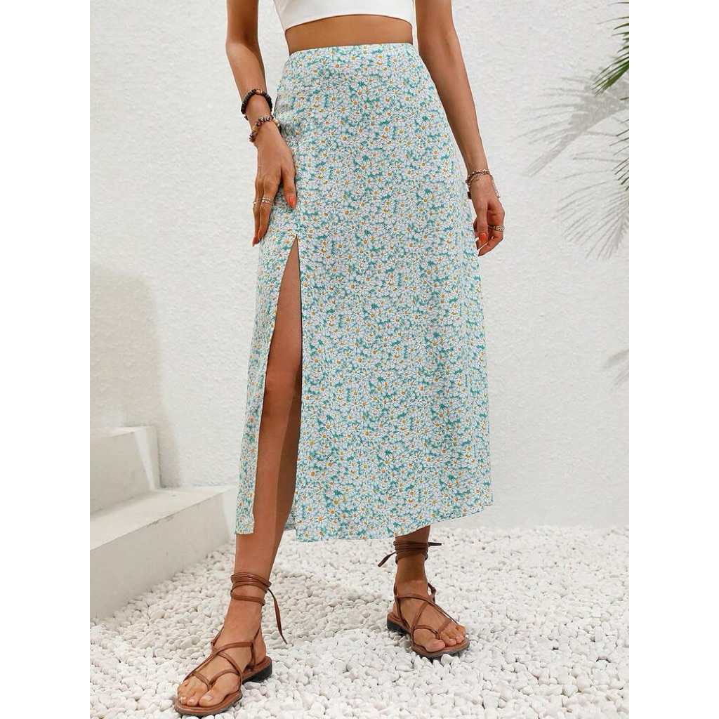 PRELOVED Sh*in Baby Blue Floral Print High Waist Slit Midi Skirt Rok Bunga Fashion Wanita