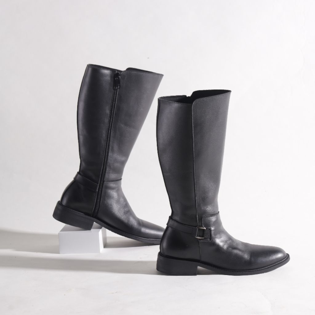 M&T - Knee High Boots Wanita Brogue Black Leather