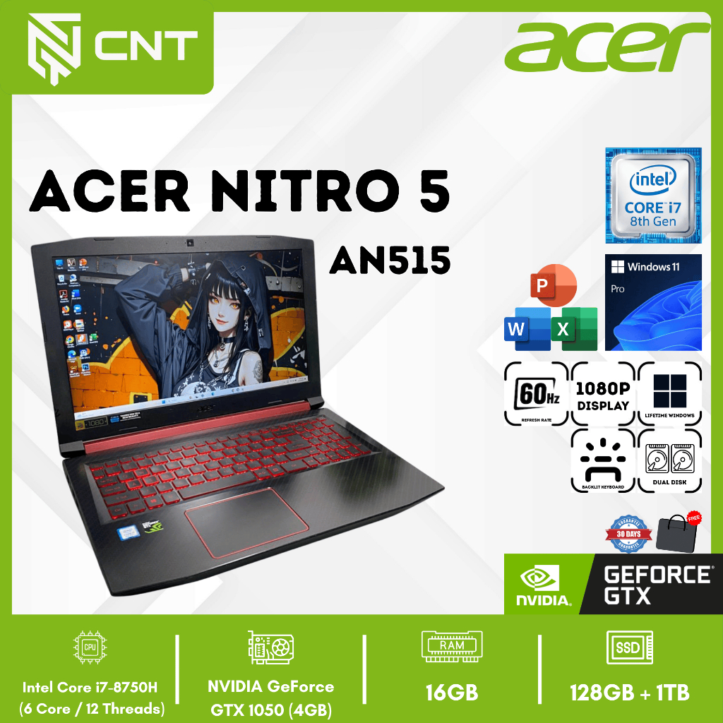Laptop Gaming Acer Nitro 5 AN515 Core i7-8TH NVIDIA GTX 1050 4GB (16/1TB) Dual Disk