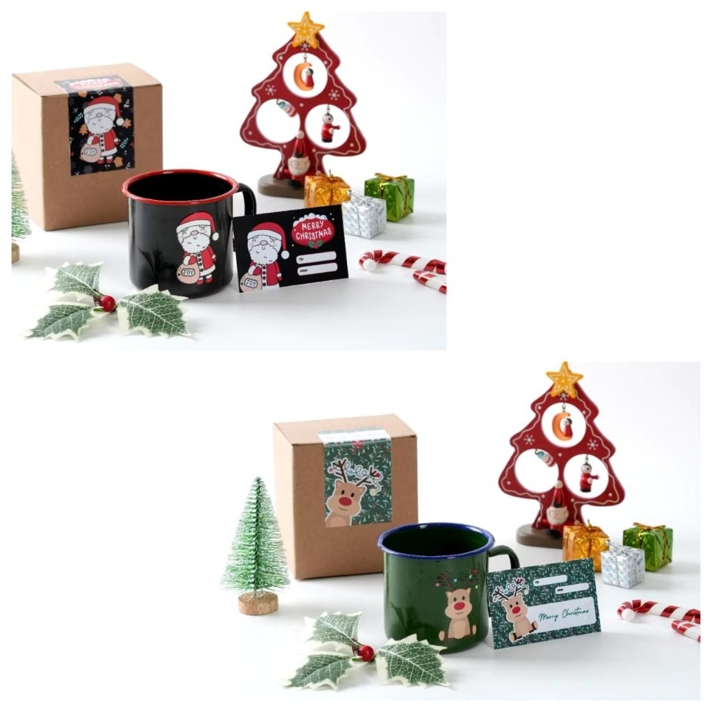 Cangkir Gelas Mug Enamel Kaleng Souvenir Hampers Natal Christmas Hadiah Tahun Baru