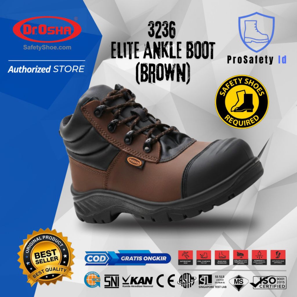 [100% ORIGINAL] Sepatu Safety Dr OSHA 3236 Elite Ankle Boot Waterproof Anti Paku SNI & CE – Brown