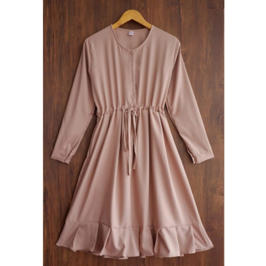 Baju Tunik Wanita Fariasi Tali Pinggang Motif Polos Muslim Lengan Panjang