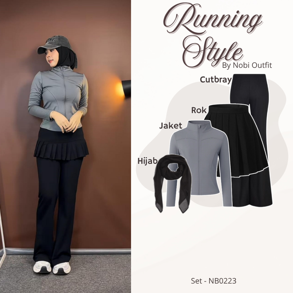 4 In 1 One Set Ootd Space Atasan Nobi Outfit Jaket Olahraga Wanita Fit Body Korean (Hijab+Jaket+Rok+