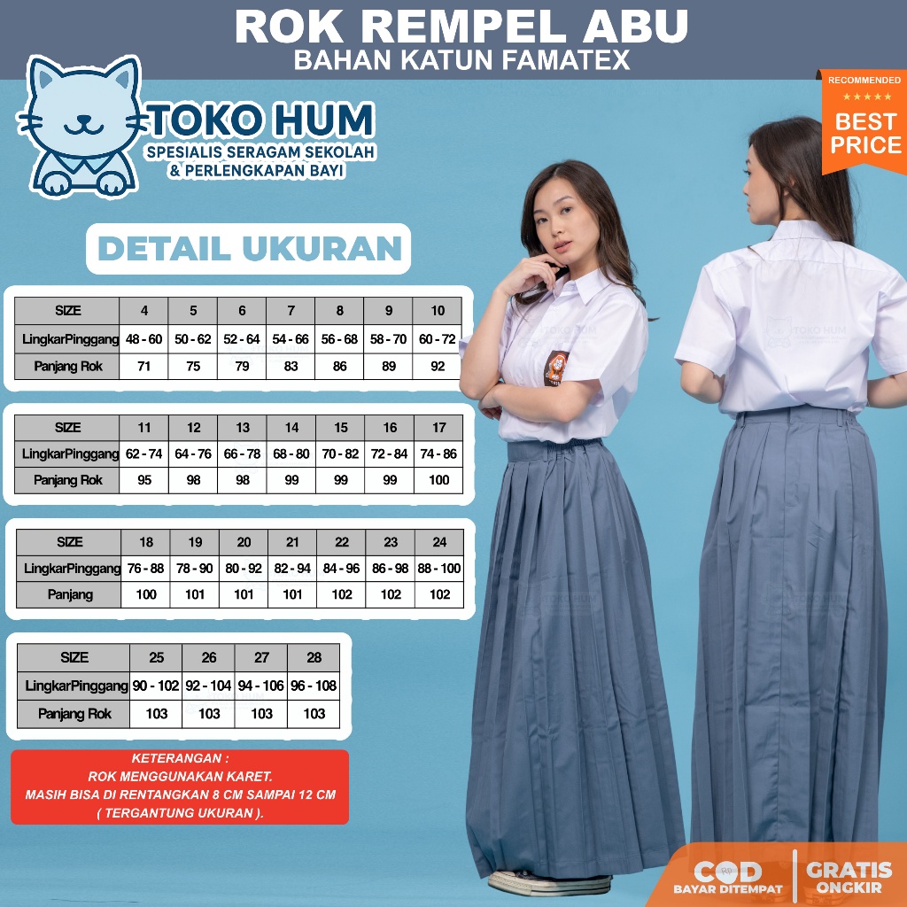 Toko Hum - Rok Rempel Abu Panjang Rok Rempel Plisket SMA Bahan Katun Adem untuk sekolah dan kerja