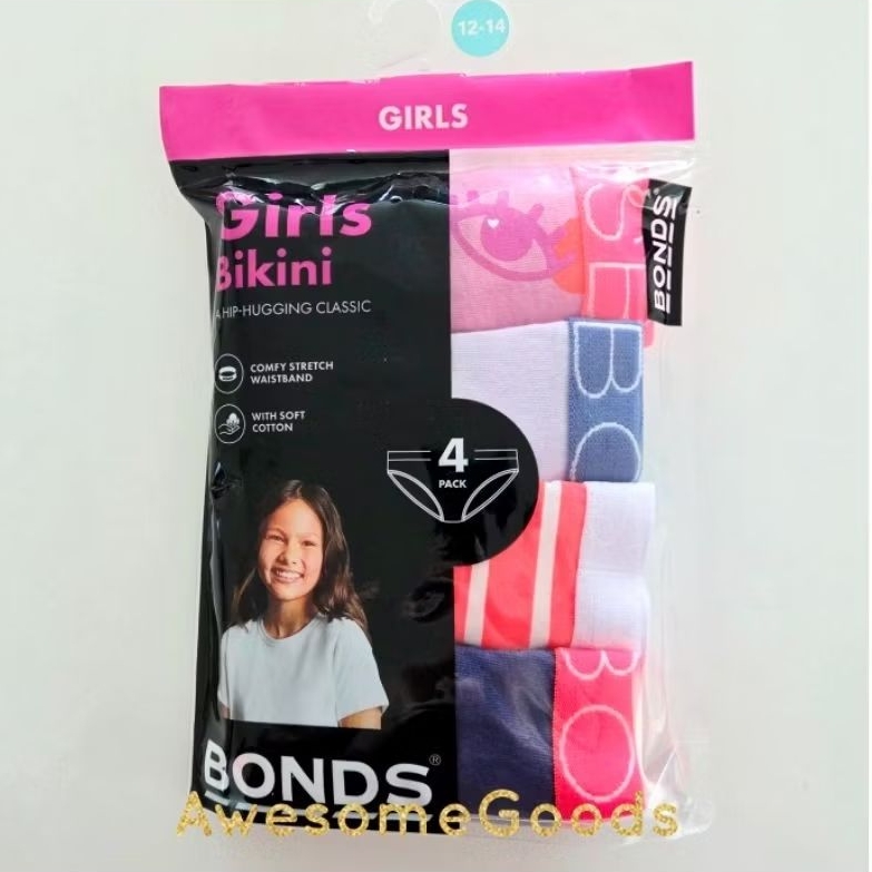 Bonds Girls Underwear Bikini Briefs Assorted 4 Pack Size 12-14