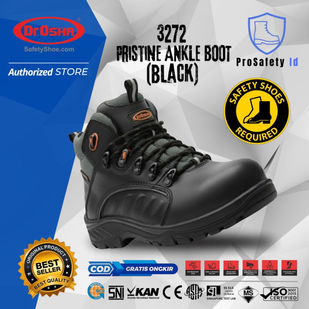 Sepatu Safety Dr OSHA Pristine 3272 S1 S2 S3 Composite Waterproof Kevlar Safety Shoe Ankle Boot - BL