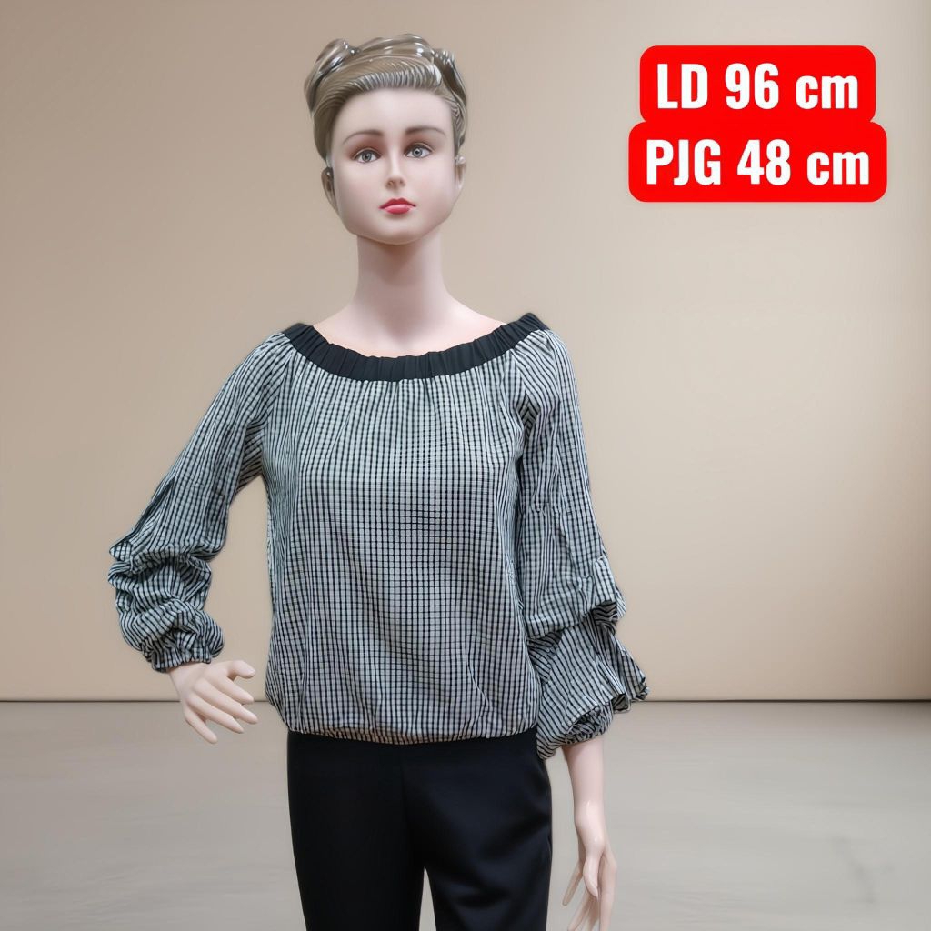 atasan wanita sabrina, blouse wanita sabrina kotak kotak kerut tangan,blouse wanita lengan balon