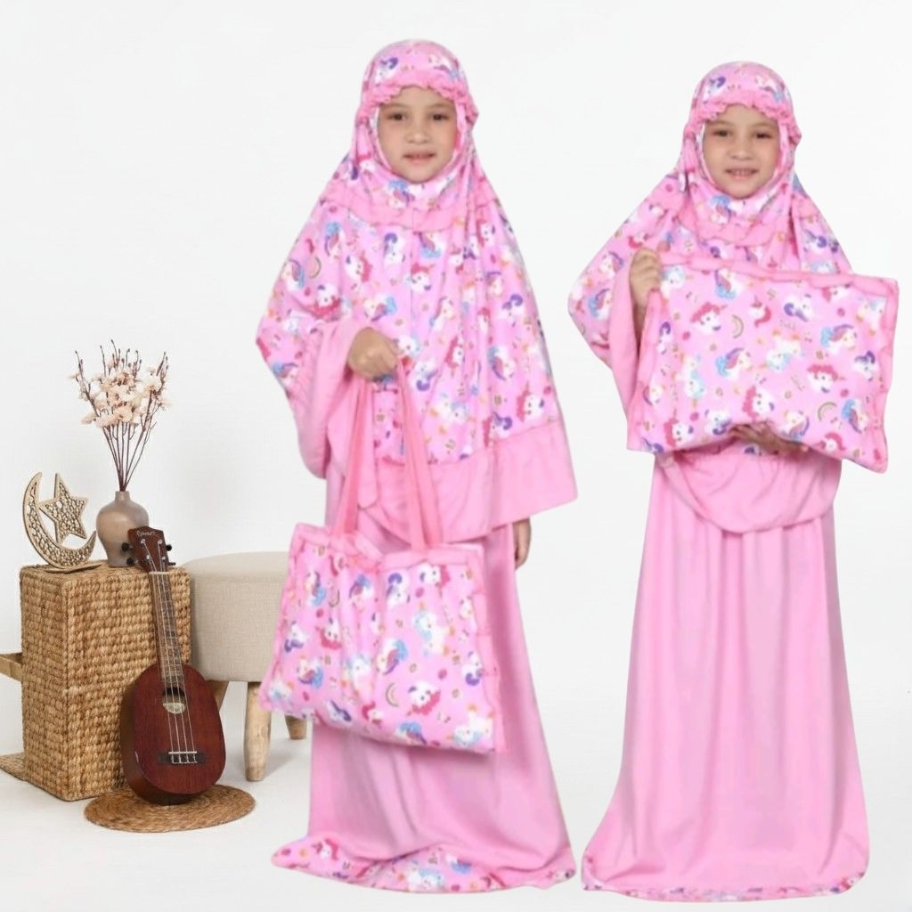Mukena Anak Perempuan Mukena Premium,Mukena Anak Bandung Motif Kuda Pony Pink,Terbaru 2025 (Tas Seja