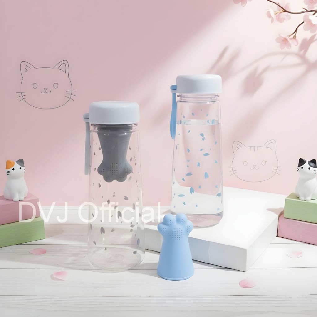 Botol Minum Bening Transparan Tumbler Cat Paw Sakura Water Bottle Kaki Kucing Plastik Aesthetic Infu