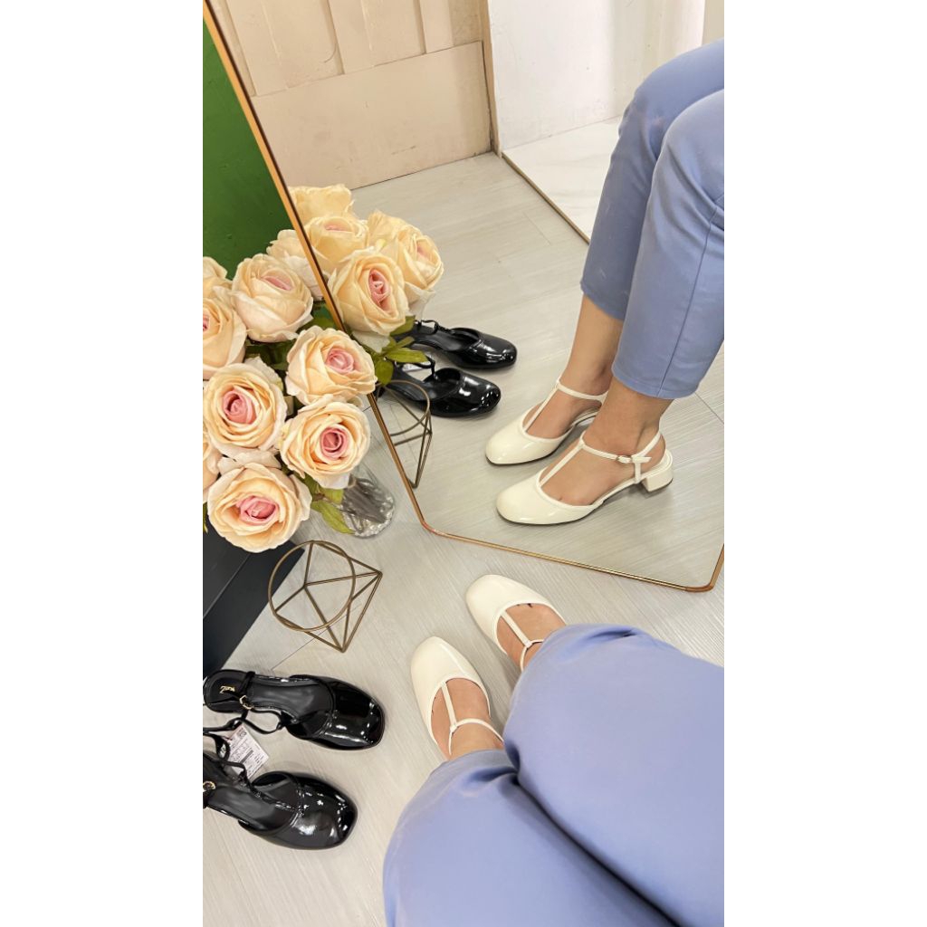 8827-1 - SENDAL MULES TUMIT TAHU TALI WANITA SIMPLE ELEGANT | sendal pancung tumit tahu 3cm tali bel