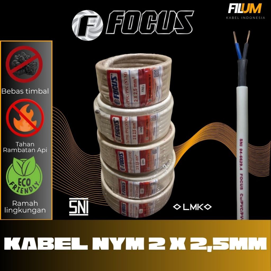 Kabel NYM 2 x 2,5mm FOCUS - Kabel listrik Tembaga Murni - SNI