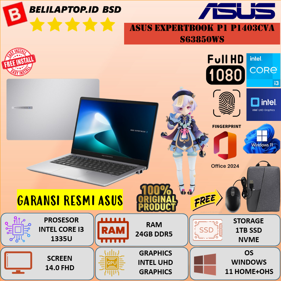 Laptop Baru Asus EXPERTBOOK P1 P1403CVA S63850WS Intel Core i3 1315U Ram 24GB 1TB SSD 14.0" FHD Wind