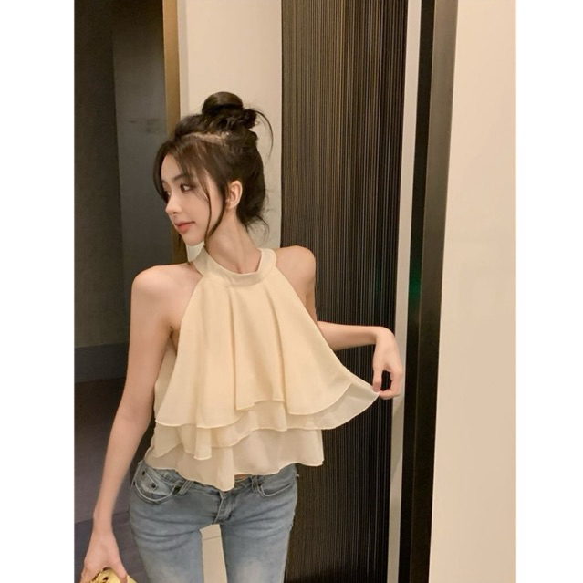 [PREMIUM] Tank Top Wanita Halter Neck Ruffle Tumpuk Layer T194