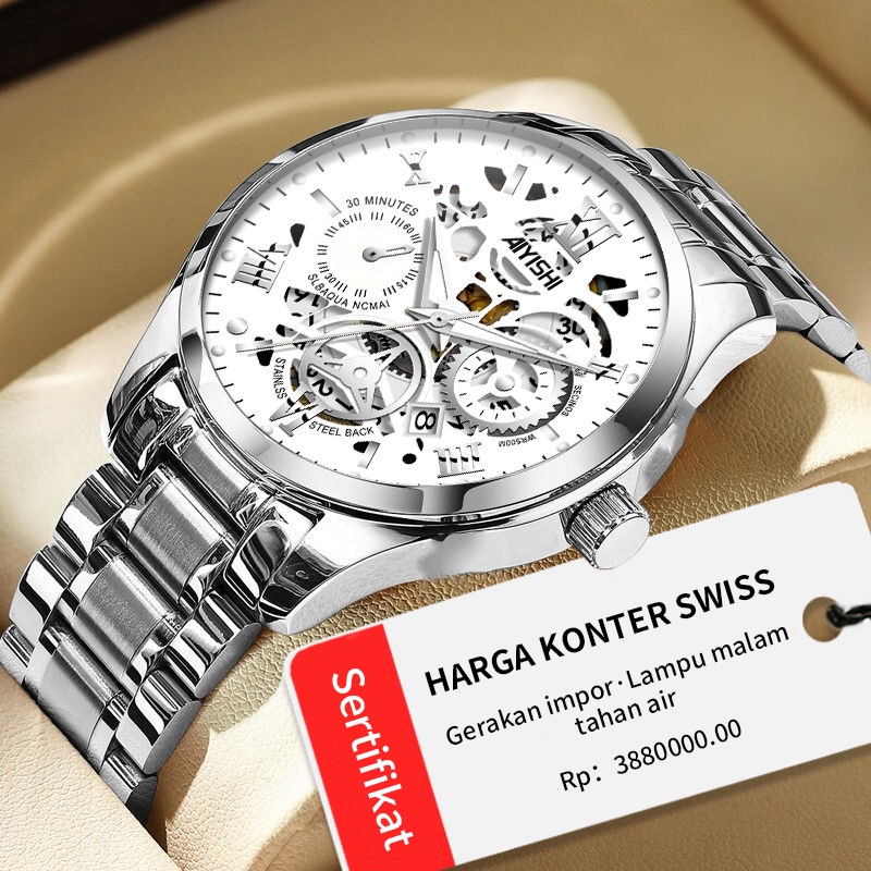 AIYISHI Jam Tangan Pria Original Bisnis Anti Air Kuarsa Jam Pria Calendar Tali Stainless Steel Jam T