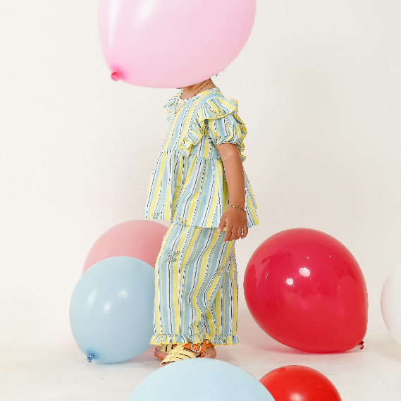 Yupmi Set Blue Yellow Stripes - Flower - Cotton Rayon Mix Linen with Embroidery (set  anak katun ray