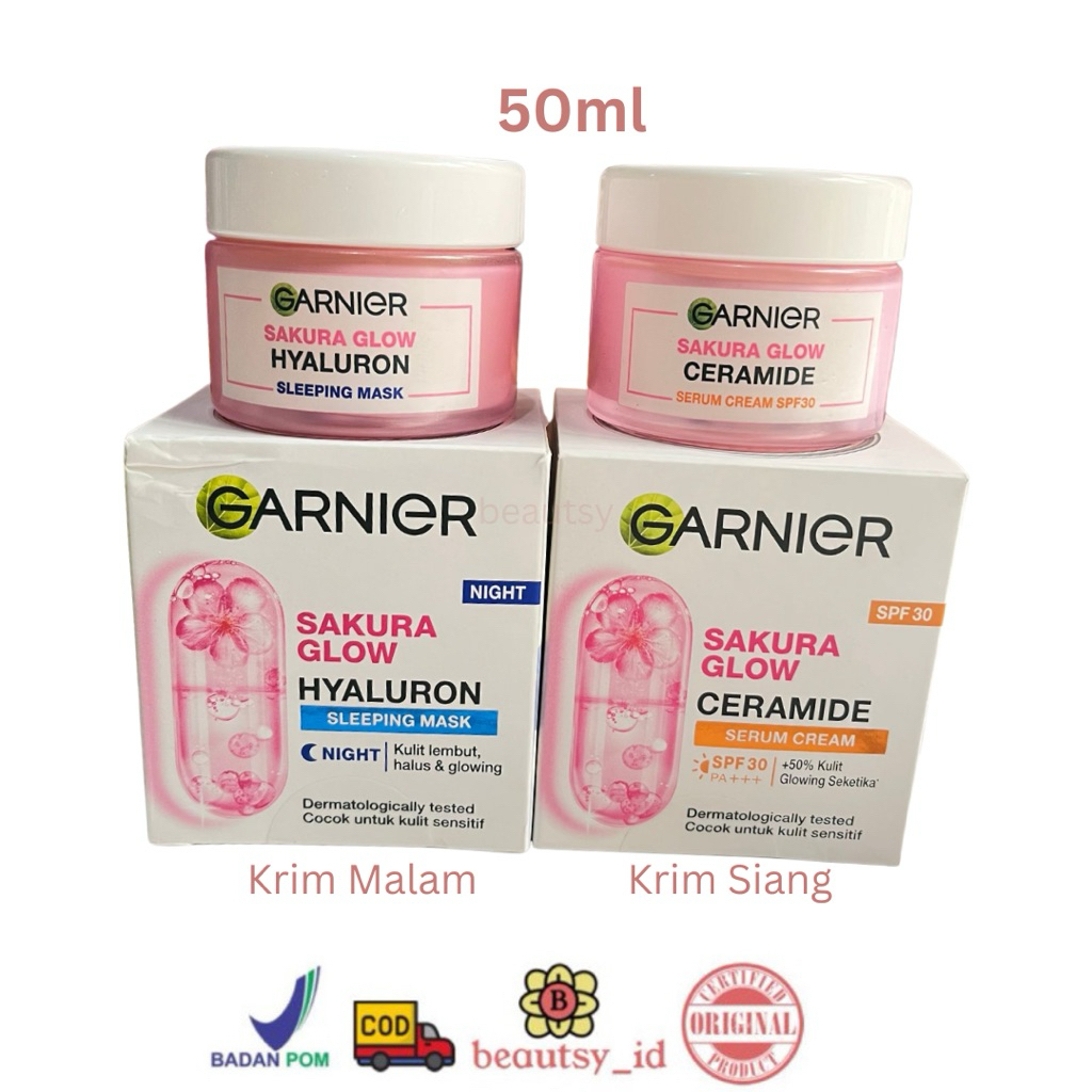 Garnier Sakura Glow Day Night Cream Hyaluron Ceramide 50ml Krim Pagi Malam White Mencerahkan Ori COD