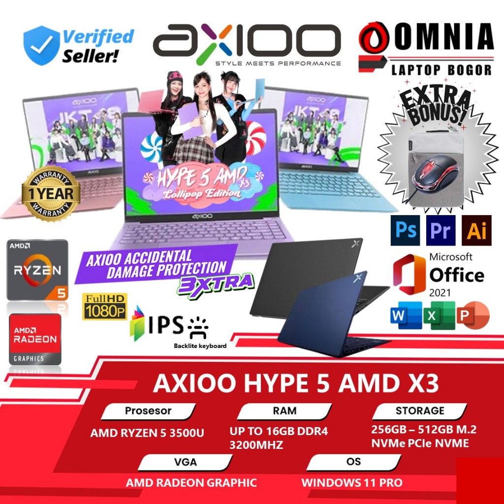 Laptop Gaming Axioo Hype 5 Amd X3 Ryzen 5 3500u 16gb 512gb 14.0 FHD Windows 11 Backlite Keyboard