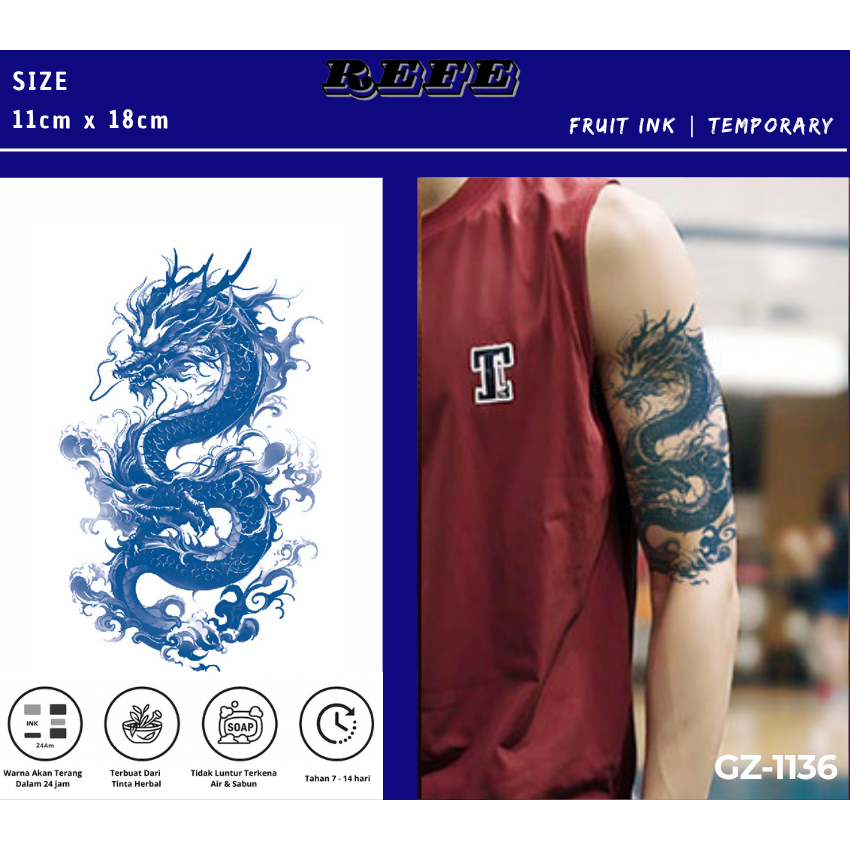 Tatto Sementara Tahan 14 hari - Tatto Fruit Ink Herbal Motif Naga | Tahan Air Sabun & Keringat