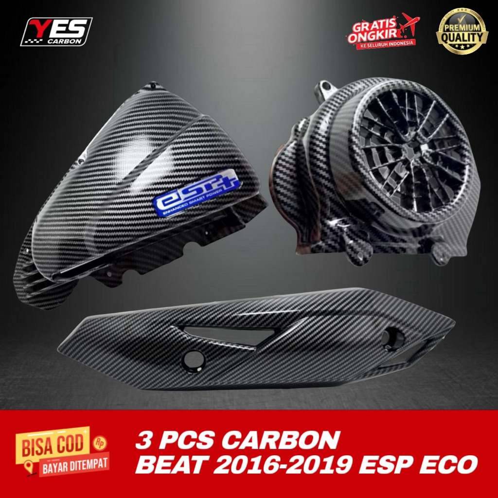 PAKET 3 PCS CARBON BEAT ESP K44 2016-2019 • Tameng Knalpor Beat 2016-2019 + Filter Beat K44 + Kipas 